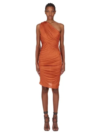 RICK OWENS FW25 CONCORDIANS  AMIRA DRESS IN ORANGE SATIN VISCOSE JERSEY. LI02E3526JVS-153