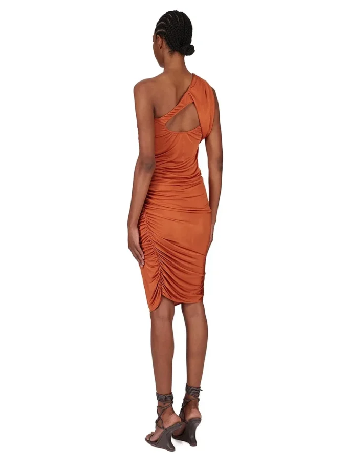 RICK OWENS FW25 CONCORDIANS AMIRA DRESS IN ORANGE SATIN VISCOSE JERSEY. LI02E3526JVS-153 RICK OWENS FW25 CONCORDIANS AMIRA DRESS IN ORANGE SATIN VISCOSE JERSEY. LI02E3526JVS-153