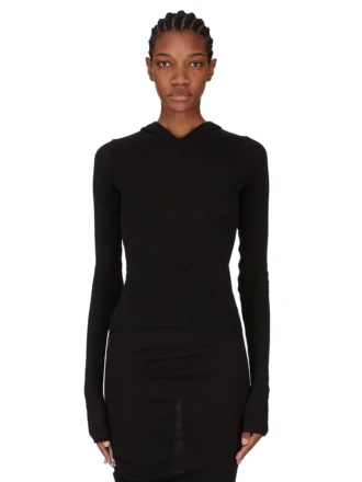 RICK OWENS FW25 CONCORDIANS CROPPED HOODED RIB LS T IN BLACK RAININO RIB JERSEY. RP02E4210RJR-09