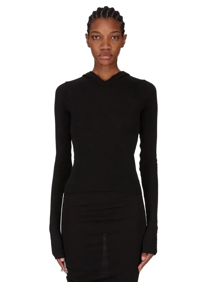 RICK OWENS FW25 CONCORDIANS CROPPED HOODED RIB LS T IN BLACK RAININO RIB JERSEY. RP02E4210RJR-09 RICK OWENS FW25 CONCORDIANS CROPPED HOODED RIB LS T IN BLACK RAININO RIB JERSEY. RP02E4210RJR-09