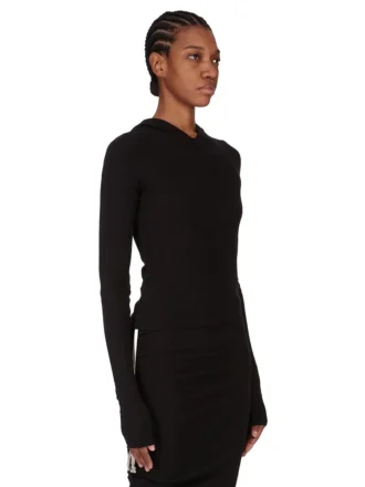 RICK OWENS FW25 CONCORDIANS CROPPED HOODED RIB LS T IN BLACK RAININO RIB JERSEY. RP02E4210RJR-09