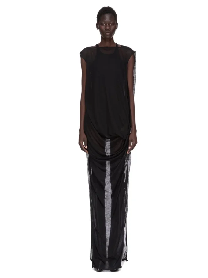 RICK OWENS FW25 CONCORDIANS NOUVEAU GOWN IN BLACK SHEER WOOL JERSEY. RP02E4574JWR-09 RICK OWENS FW25 CONCORDIANS NOUVEAU GOWN IN BLACK SHEER WOOL JERSEY. RP02E4574JWR-09